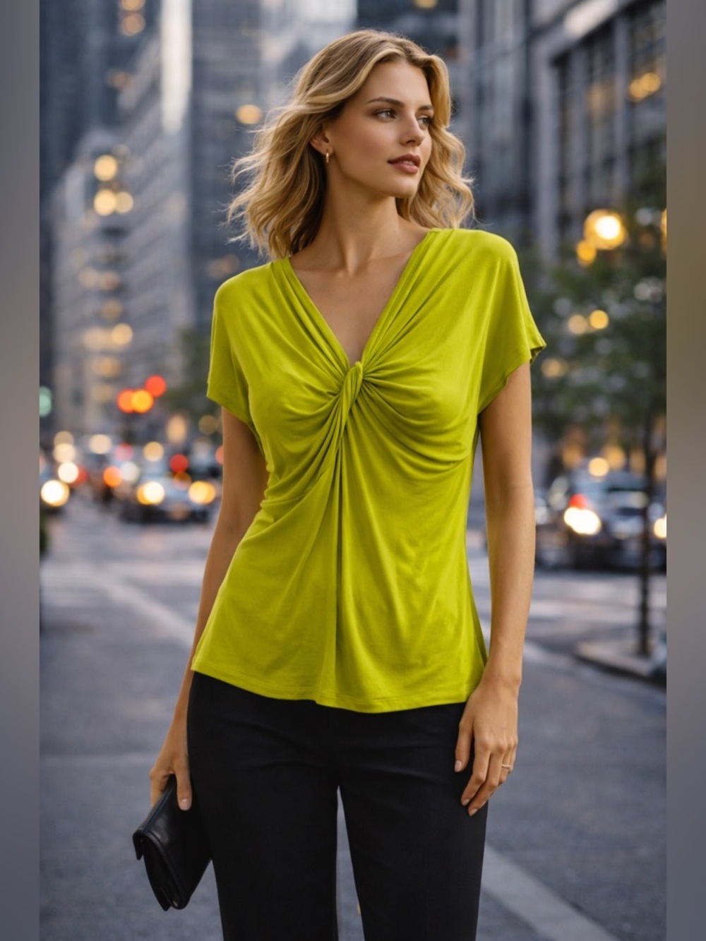 Willi Smith Lime Green Draped Knot Top | Ruched V-Neck Blouse | Statement Chic S - Picture 2 of 5